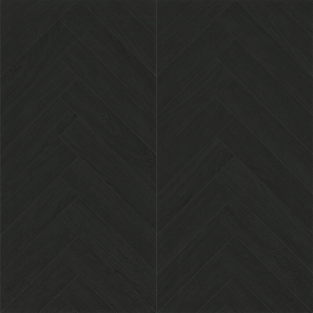 Full view of Modern Cool Charcoal Black Wood Look Tile in a herringbone pattern, showcasing its deep, cool tones and authentic wood grain. This 100% waterproof porcelain tile offers unmatched durability for a powerful, modern edge.