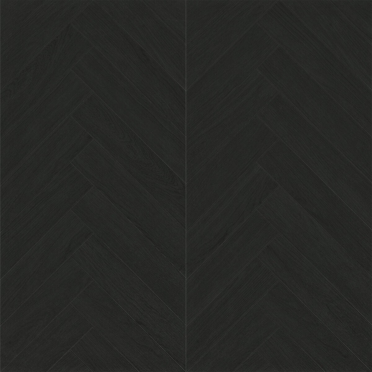 Full view of Modern Cool Charcoal Black Wood Look Tile in a herringbone pattern, showcasing its deep, cool tones and authentic wood grain. This 100% waterproof porcelain tile offers unmatched durability for a powerful, modern edge.