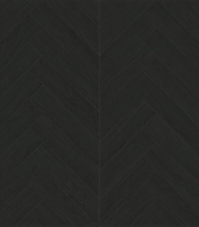 Full view of Modern Cool Charcoal Black Wood Look Tile in a herringbone pattern, showcasing its deep, cool tones and authentic wood grain. This 100% waterproof porcelain tile offers unmatched durability for a powerful, modern edge.
