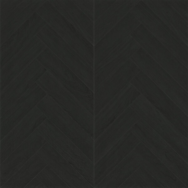 Full view of Modern Cool Charcoal Black Wood Look Tile in a herringbone pattern, showcasing its deep, cool tones and authentic wood grain. This 100% waterproof porcelain tile offers unmatched durability for a powerful, modern edge.