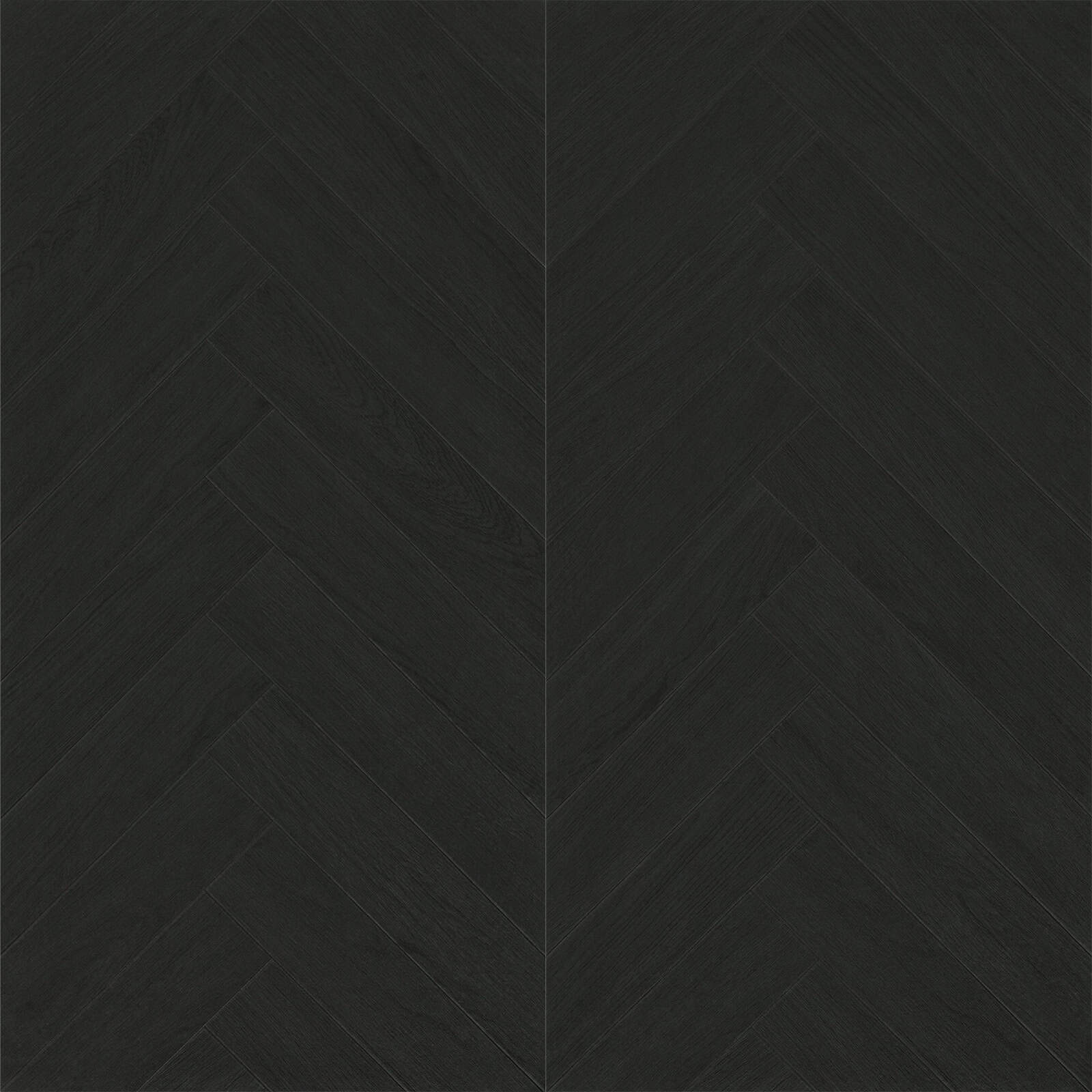 Full view of Modern Cool Charcoal Black Wood Look Tile in a herringbone pattern, showcasing its deep, cool tones and authentic wood grain. This 100% waterproof porcelain tile offers unmatched durability for a powerful, modern edge.