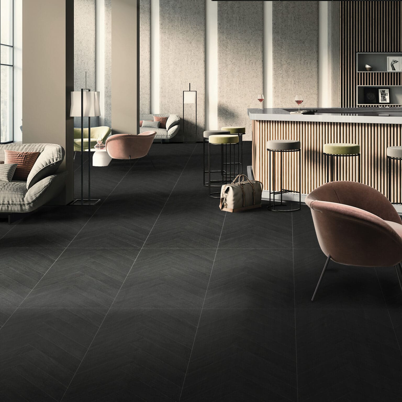Modern Cool Charcoal Black Wood Look Tile on a living room floor, creating a powerful, sophisticated atmosphere. This 100% waterproof porcelain tile offers unmatched durability, resisting scratches and stains for a worry-free, modern edge.