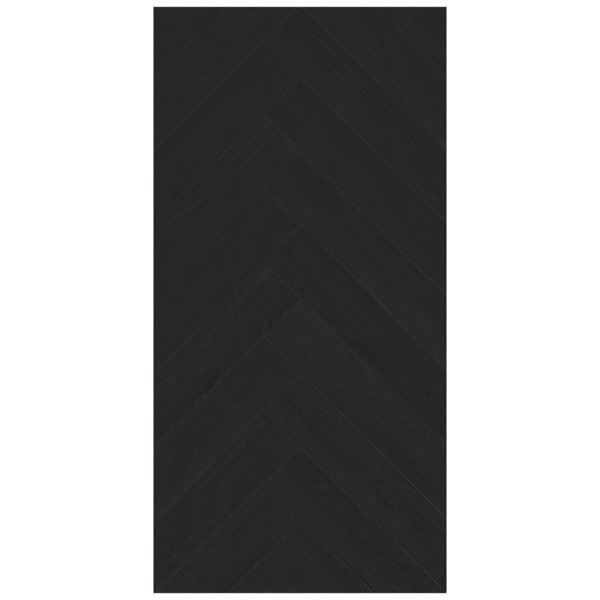 Close-up of a single Modern Cool Charcoal Black Wood Look Tile, highlighting its deep, cool tones and herringbone pattern. This 100% waterproof porcelain tile offers unmatched durability and easy care for a modern edge.