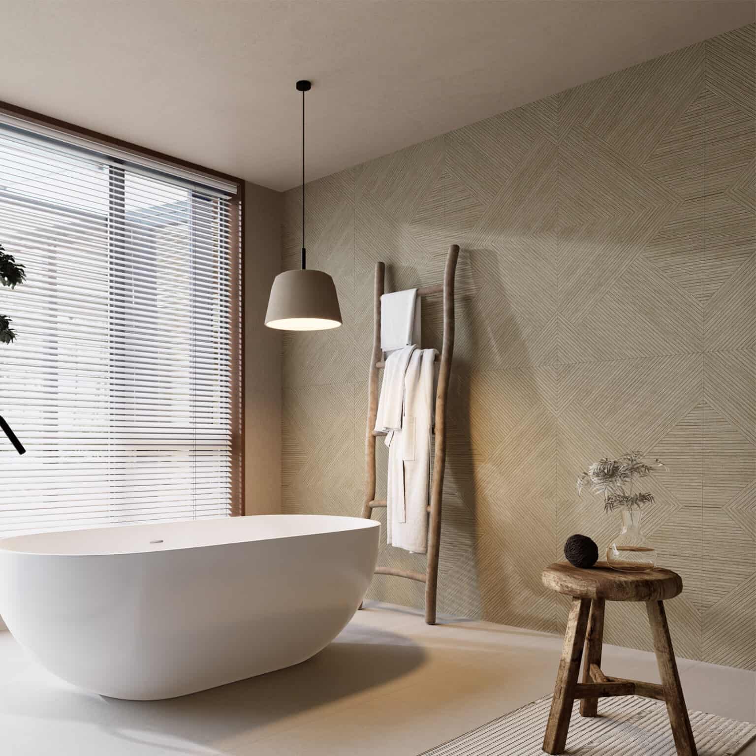 Modern Minimalist Warm Grey Wood Look Tile on bathroom wall, creating an inviting, sophisticated atmosphere. This 100% waterproof porcelain tile offers unmatched durability, resisting scratches and stains for a worry-free, modern design.