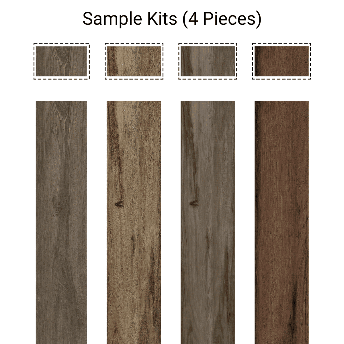 An overview image of the complete Sample Kit 4 Wood Look Tile Gray Beige Brown, showcasing the four distinct wood plank samples and their corresponding full-size tile patterns.