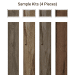 An overview image of the complete Sample Kit 4 Wood Look Tile Gray Beige Brown, showcasing the four distinct wood plank samples and their corresponding full-size tile patterns.