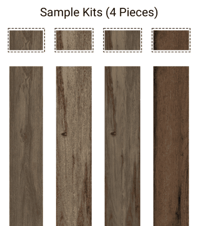 An overview image of the complete Sample Kit 4 Wood Look Tile Gray Beige Brown, showcasing the four distinct wood plank samples and their corresponding full-size tile patterns.