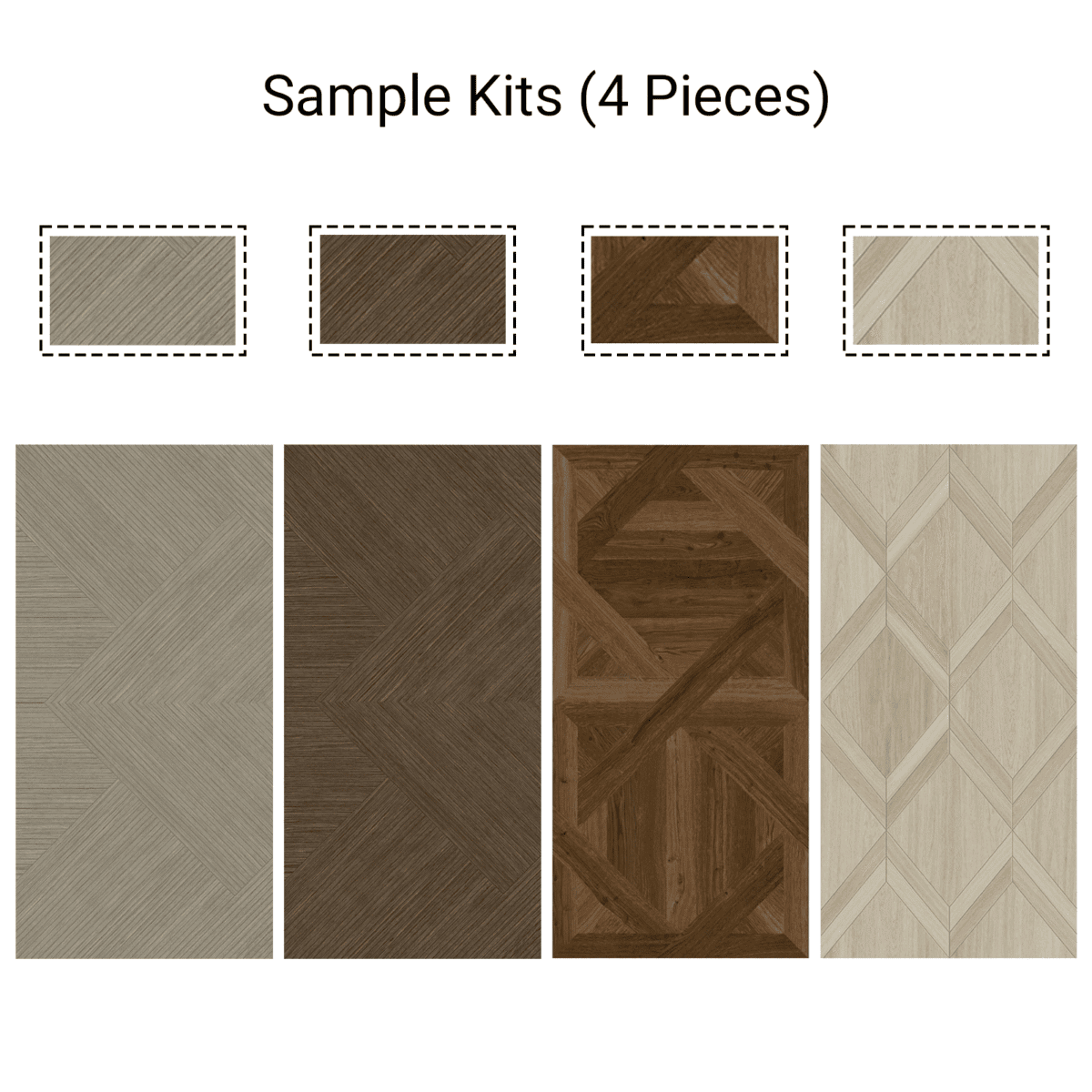 The complete Sample Kit 4 Wood Look Tile Gray Beige Brown, showing all 4 distinct sample pieces with their corresponding full-size patterns, including linear and parquet designs.
