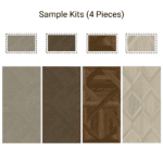 The complete Sample Kit 4 Wood Look Tile Gray Beige Brown, showing all 4 distinct sample pieces with their corresponding full-size patterns, including linear and parquet designs.