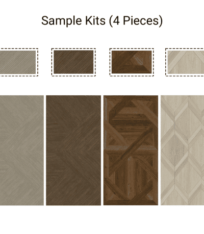 The complete Sample Kit 4 Wood Look Tile Gray Beige Brown, showing all 4 distinct sample pieces with their corresponding full-size patterns, including linear and parquet designs.