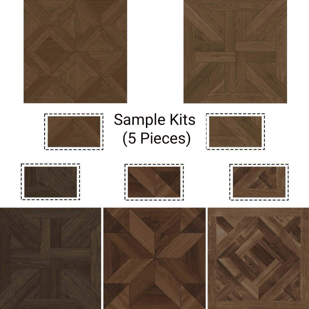 Product contents of the Value Sample Kit 5 Wood Look Tile Black Brown, showcasing all five unique black and brown geometric parquet designs.