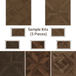 Product contents of the Value Sample Kit 5 Wood Look Tile Black Brown, showcasing all five unique black and brown geometric parquet designs.