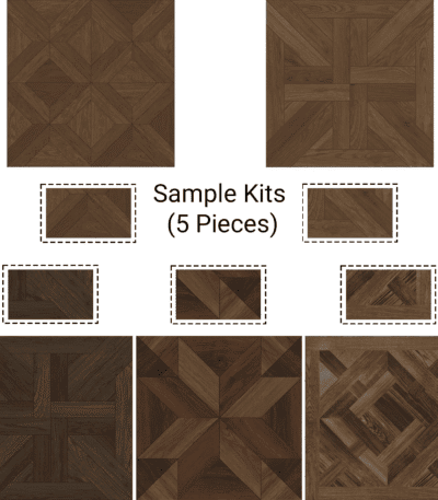 Product contents of the Value Sample Kit 5 Wood Look Tile Black Brown, showcasing all five unique black and brown geometric parquet designs.