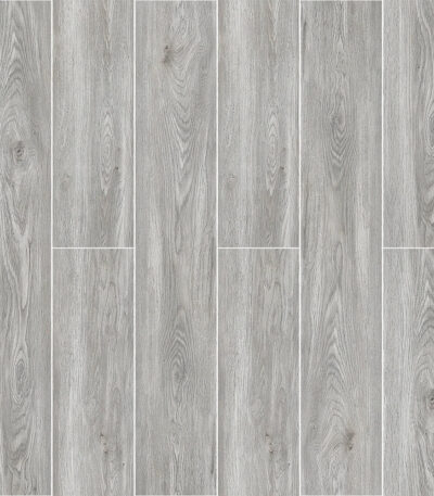 A full view swatch of the Effortless Weathered Wood Look Tile, showcasing the light, sun-bleached gray tones and authentic timber grain across multiple porcelain planks.