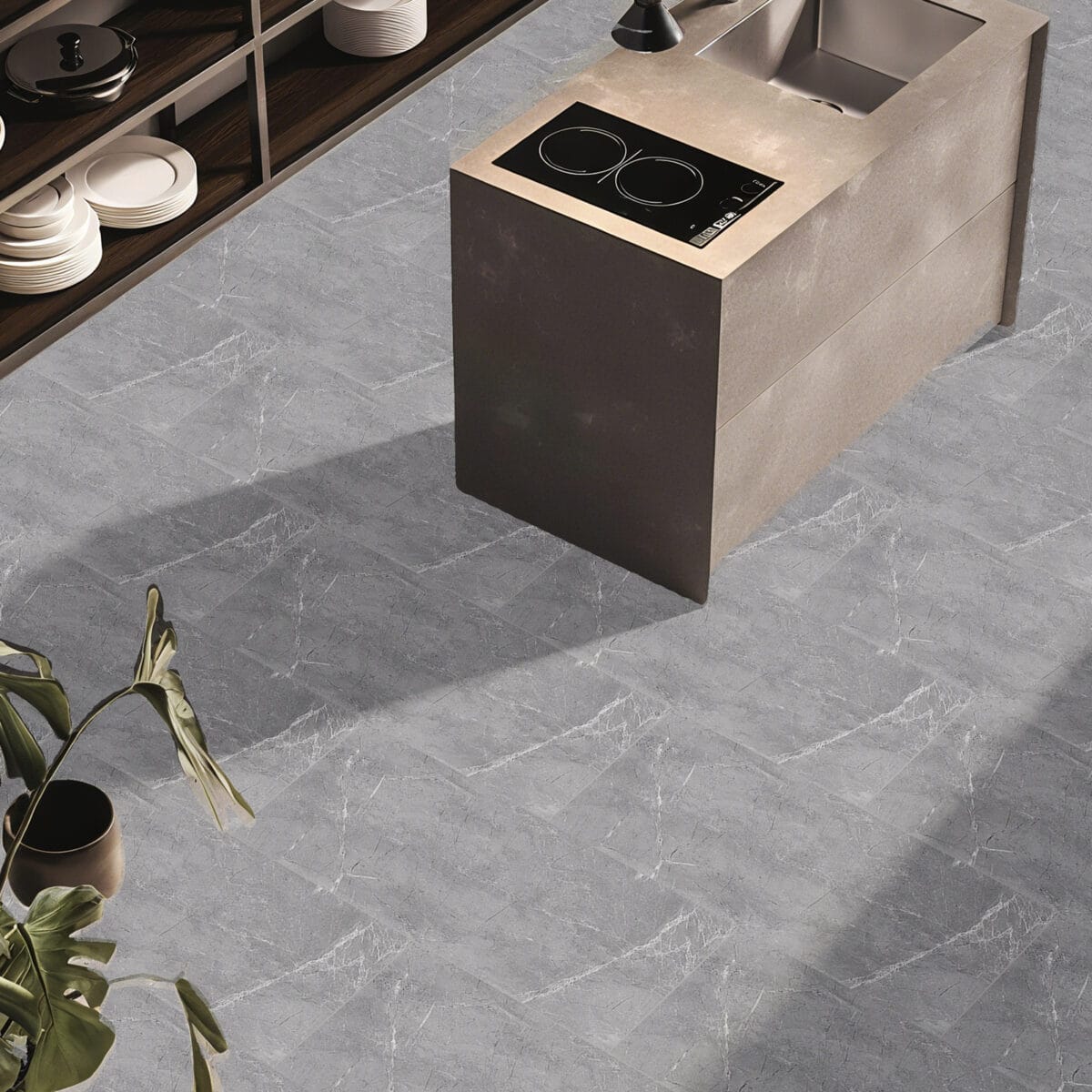 Timeless Classic Stormy Gray Stone Look Click Lock Vinyl Flooring SPC in a modern kitchen, offering a sophisticated backdrop with its versatile gray tones. This 100% waterproof, DIY-friendly SPC flooring resists scratches, stains, and dents, ideal for effortless elegance.