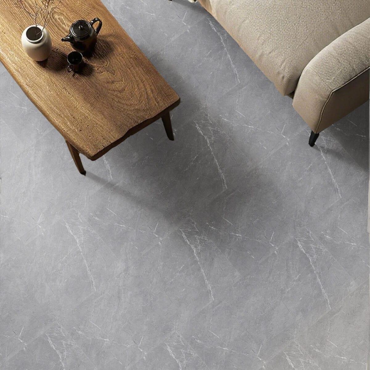 Timeless Classic Stormy Gray Stone Look Click Lock Vinyl Flooring SPC in a stylish living room, creating a space of enduring style with its versatile gray tones. This 100% waterproof, DIY-friendly SPC flooring resists scratches, stains, and dents, perfect for modern elegance.