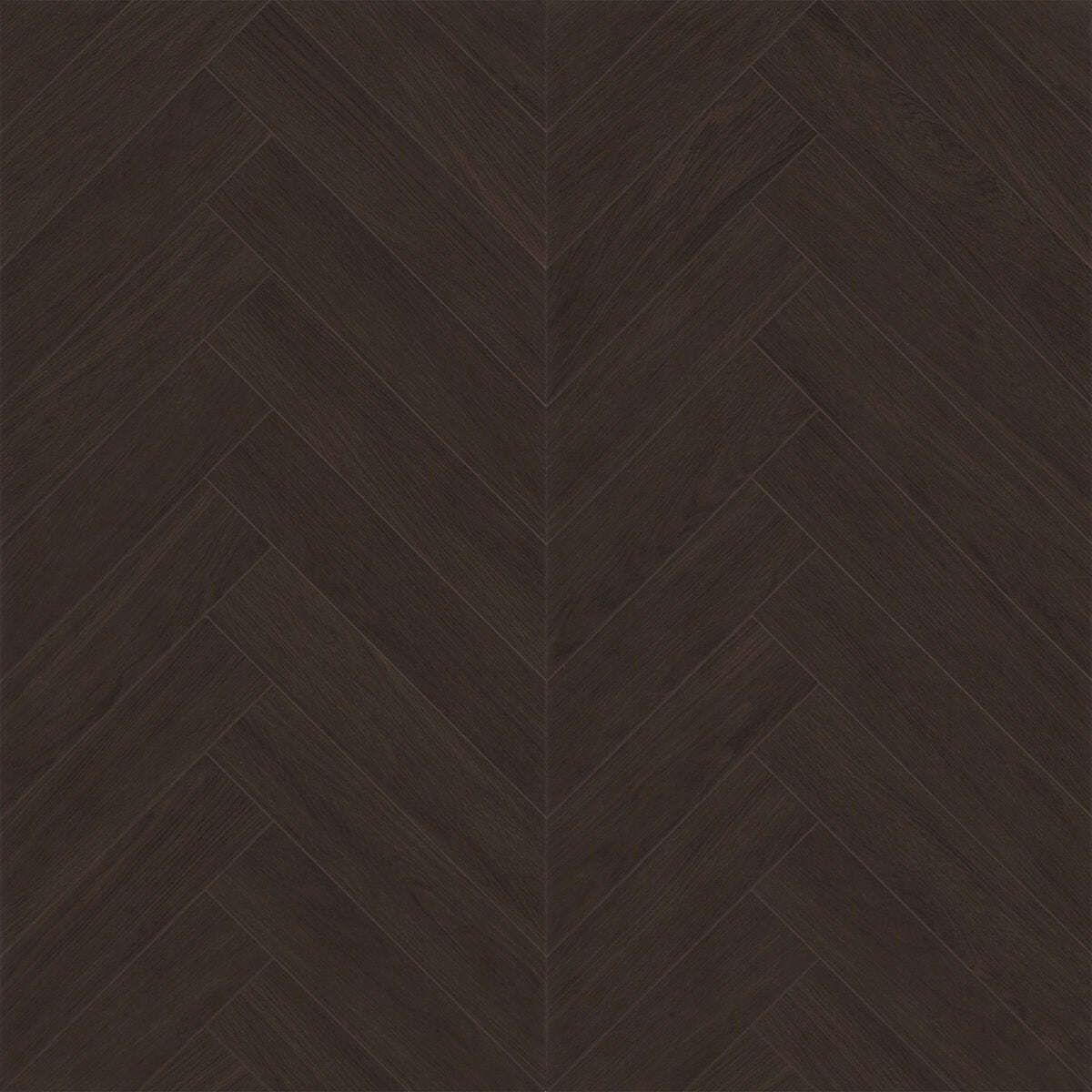Full view of Understated Luxury Dark Coffee Brown Wood Look Tile in a herringbone pattern, showcasing its deep tones. This 100% waterproof porcelain tile offers unmatched durability, resisting scratches and stains for a sophisticated, worry-free luxury.