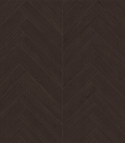 Full view of Understated Luxury Dark Coffee Brown Wood Look Tile in a herringbone pattern, showcasing its deep tones. This 100% waterproof porcelain tile offers unmatched durability, resisting scratches and stains for a sophisticated, worry-free luxury.