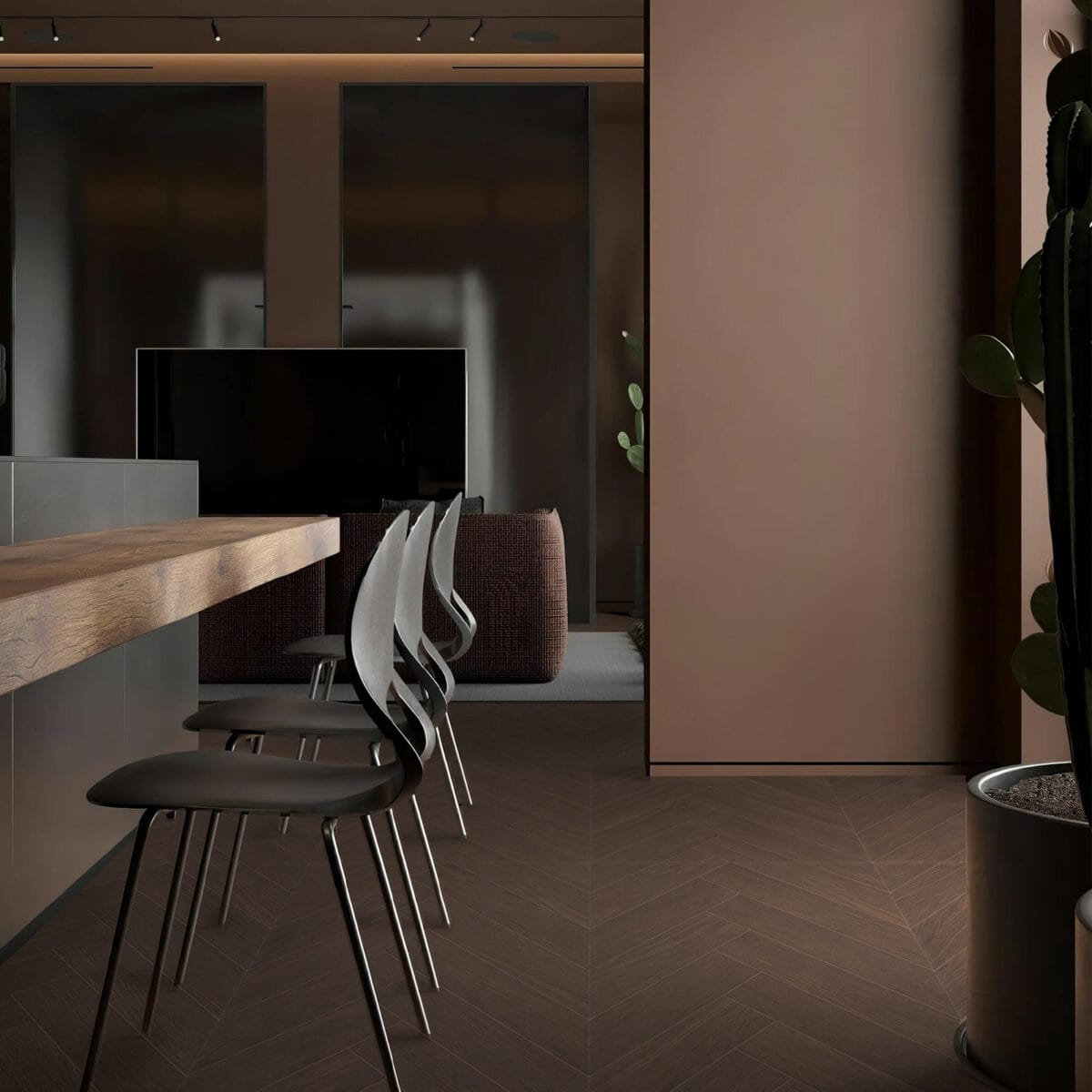 Understated Luxury Dark Coffee Brown Wood Look Tile on a modern kitchen floor, creating a warm, sophisticated atmosphere. This 100% waterproof porcelain tile offers unmatched durability, resisting scratches and stains for a worry-free, elegant design.