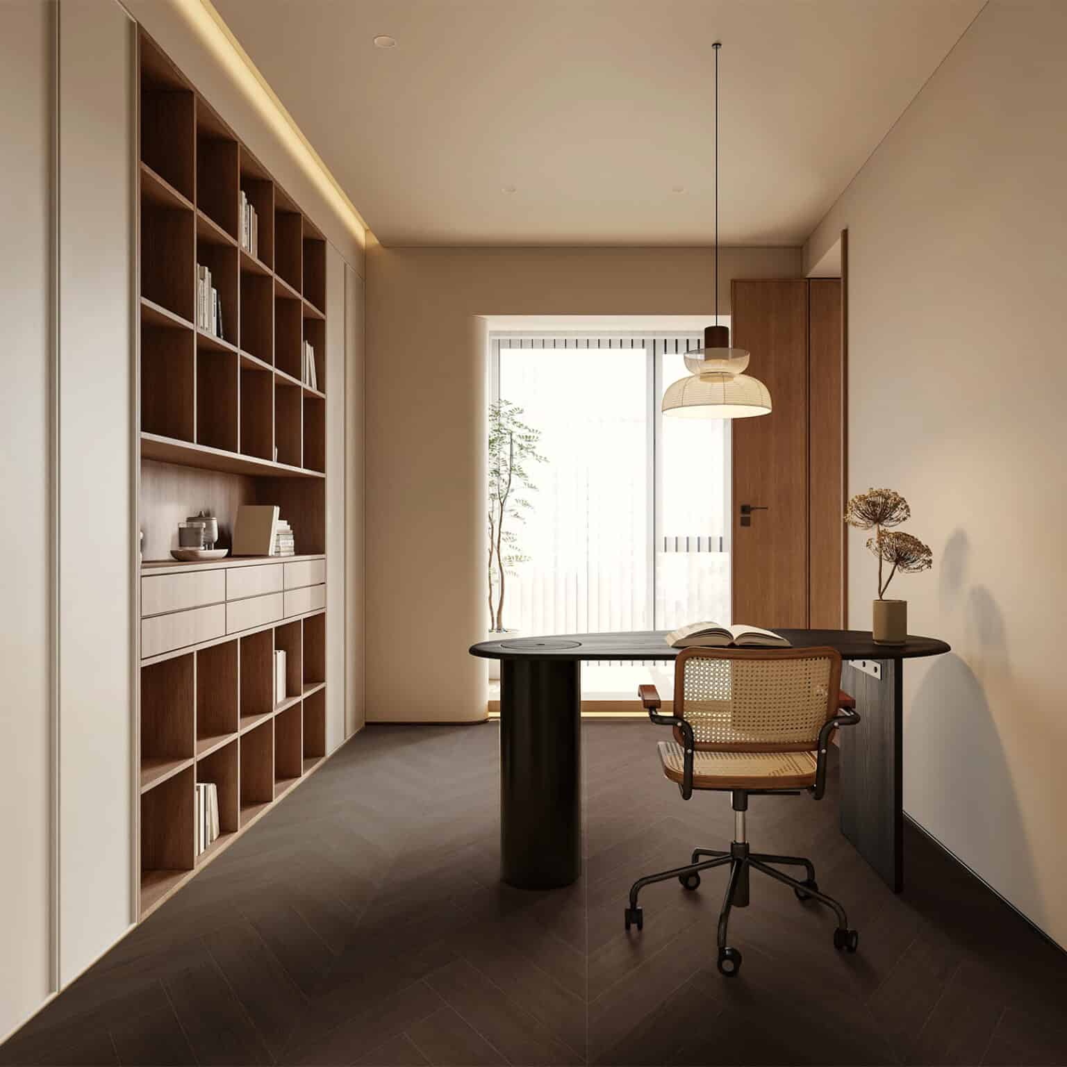 Understated Luxury Dark Coffee Brown Wood Look Tile on a study floor, creating a warm, sophisticated atmosphere. This 100% waterproof porcelain tile offers unmatched durability, resisting scratches and stains for a worry-free, elegant design.