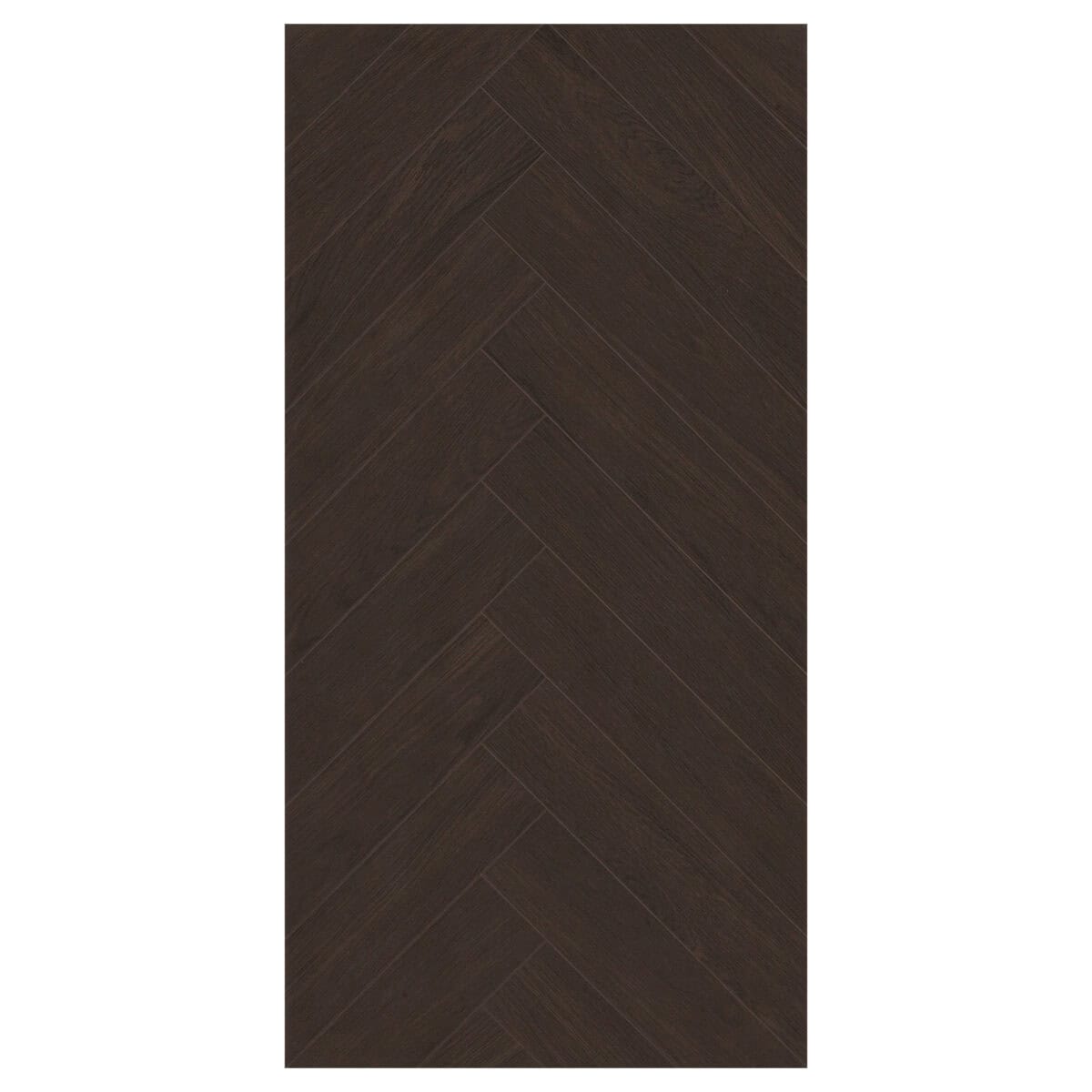 Close-up of a single Understated Luxury Dark Coffee Brown Wood Look Tile, highlighting its deep tones and herringbone pattern. This 100% waterproof porcelain tile offers unmatched durability and easy care for quiet luxury.
