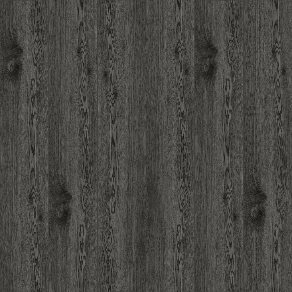 Full view of Urban Industrial Graphite Ash Wood Look LVT Flooring, showcasing its deep, near-black tones and authentic wood grain. This 100% waterproof LVT resists scratches, stains, and dents, offering high-impact style for modern industrial lofts.