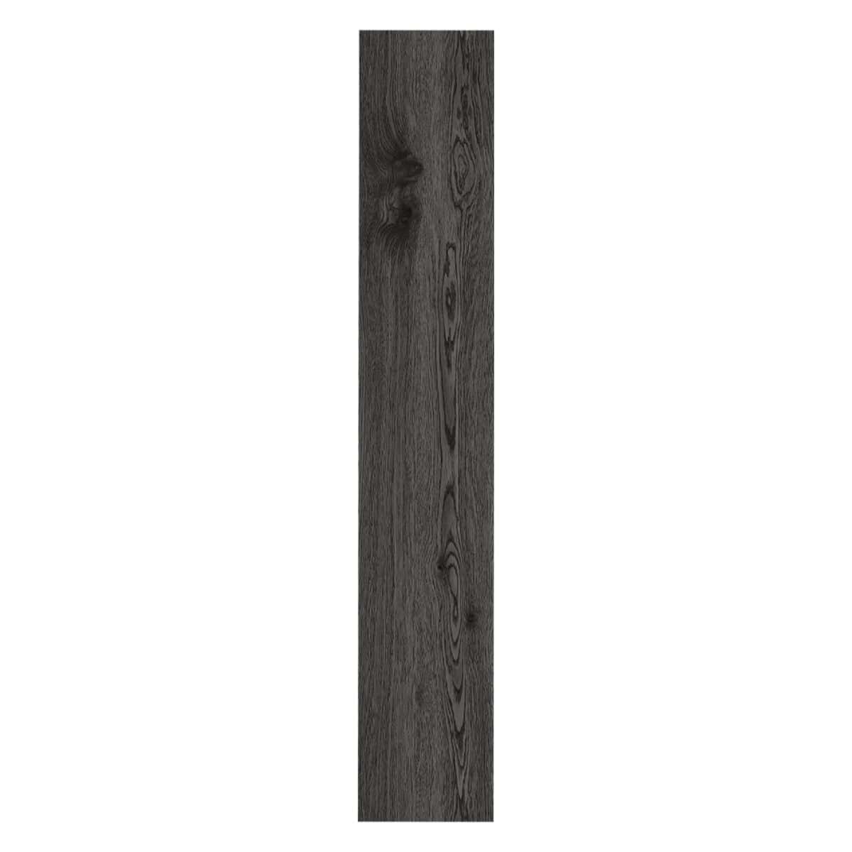 alt="Close-up of a single Urban Industrial Graphite Ash Wood Look LVT Flooring plank, highlighting its deep, near-black tones and authentic wood grain. This 100% waterproof LVT resists scratches, stains, and dents, offering bold, high-impact style for modern life."
