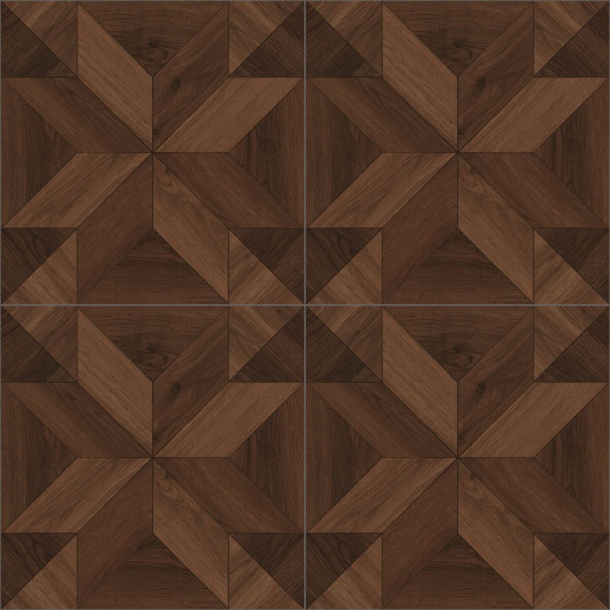 Full view of American Vintage Coffee Brown Wood Look Tile, showcasing its unique starburst pattern and rich coffee-brown tones. This 100% waterproof porcelain tile offers unmatched durability, resisting scratches and stains for a warm, vintage American charm.