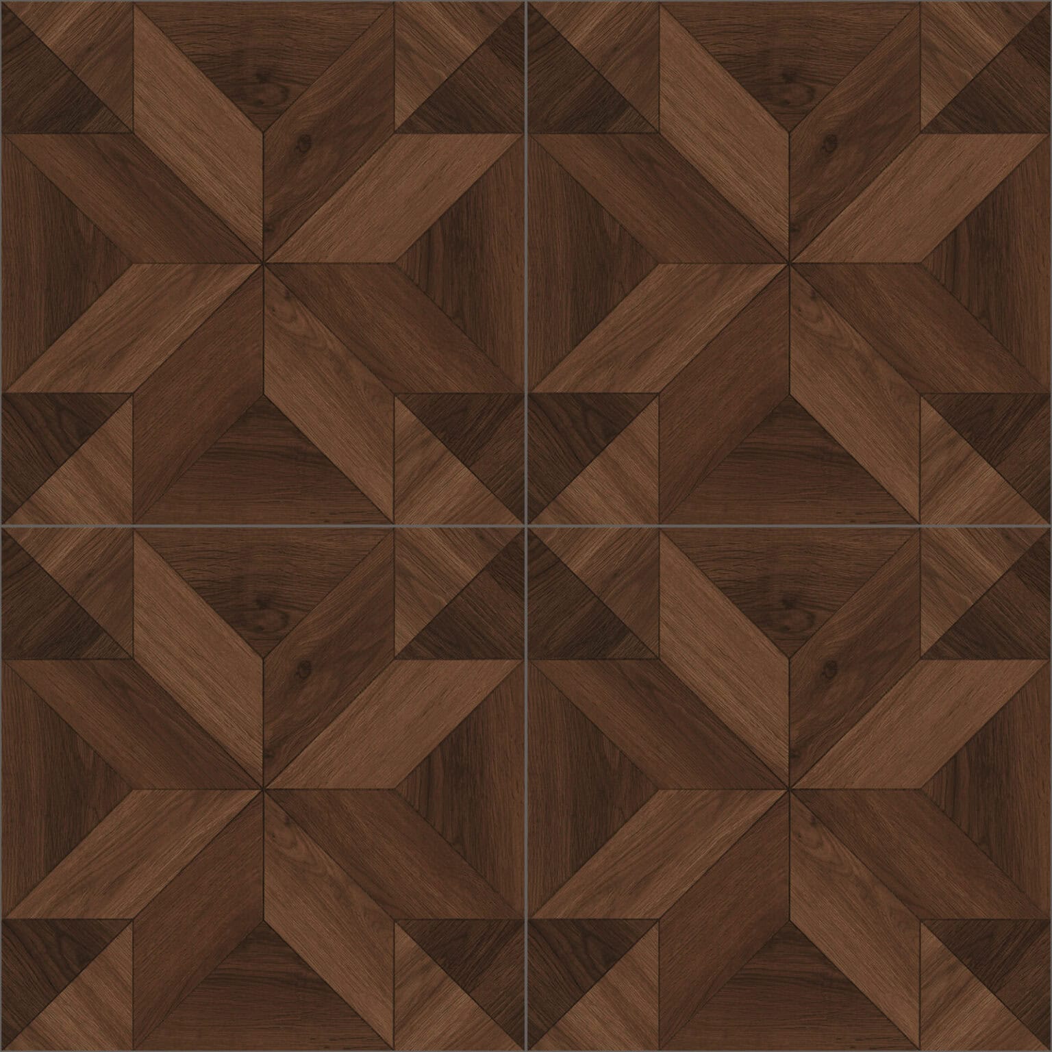 Full view of American Vintage Coffee Brown Wood Look Tile, showcasing its unique starburst pattern and rich coffee-brown tones. This 100% waterproof porcelain tile offers unmatched durability, resisting scratches and stains for a warm, vintage American charm.