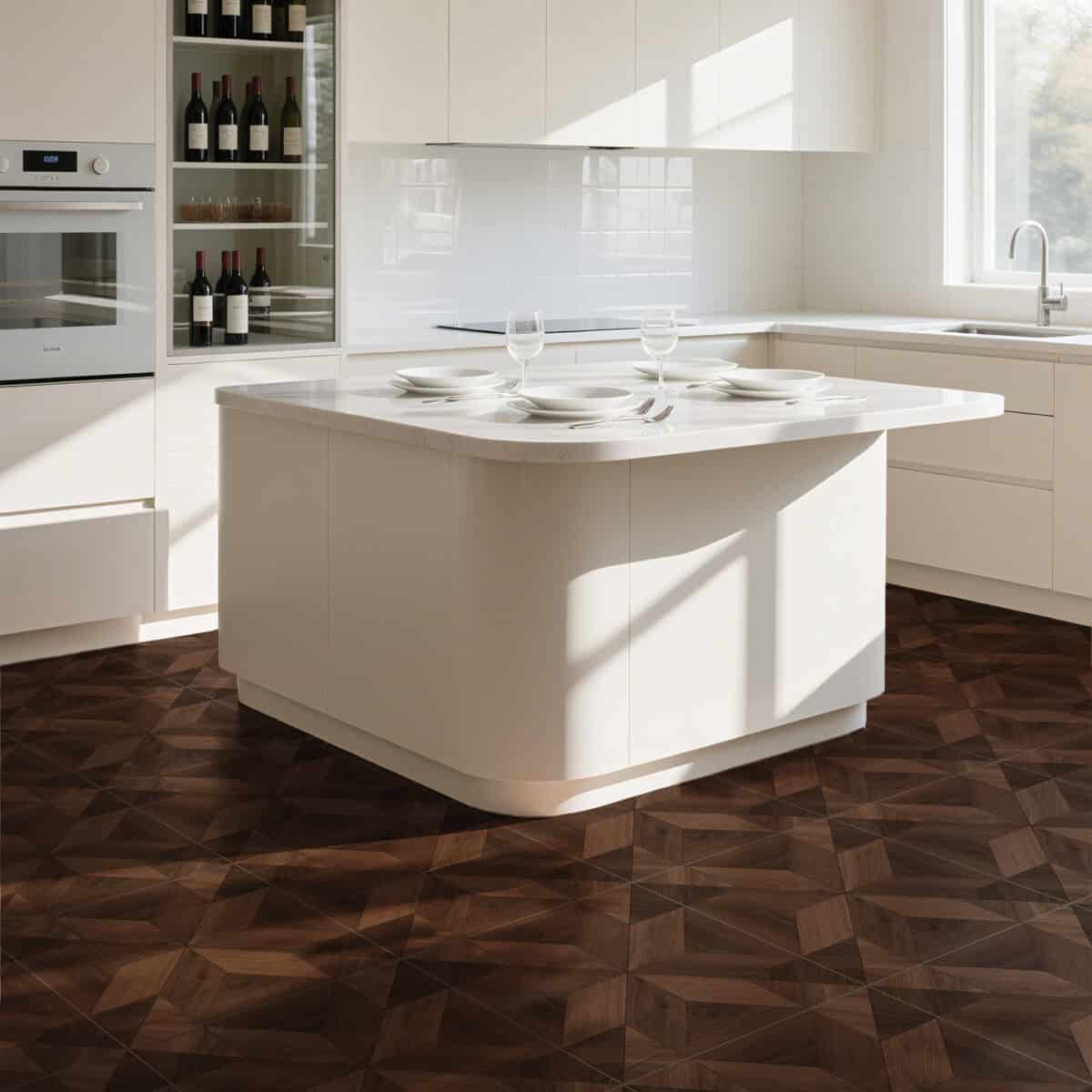 American Vintage Coffee Brown Wood Look Tile in a modern kitchen, creating a warm, heritage-inspired atmosphere with its rich coffee-brown tones. This 100% waterproof porcelain tile offers unmatched durability, resisting scratches and stains for a worry-free lifestyle.