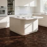 American Vintage Coffee Brown Wood Look Tile in a modern kitchen, creating a warm, heritage-inspired atmosphere with its rich coffee-brown tones. This 100% waterproof porcelain tile offers unmatched durability, resisting scratches and stains for a worry-free lifestyle.