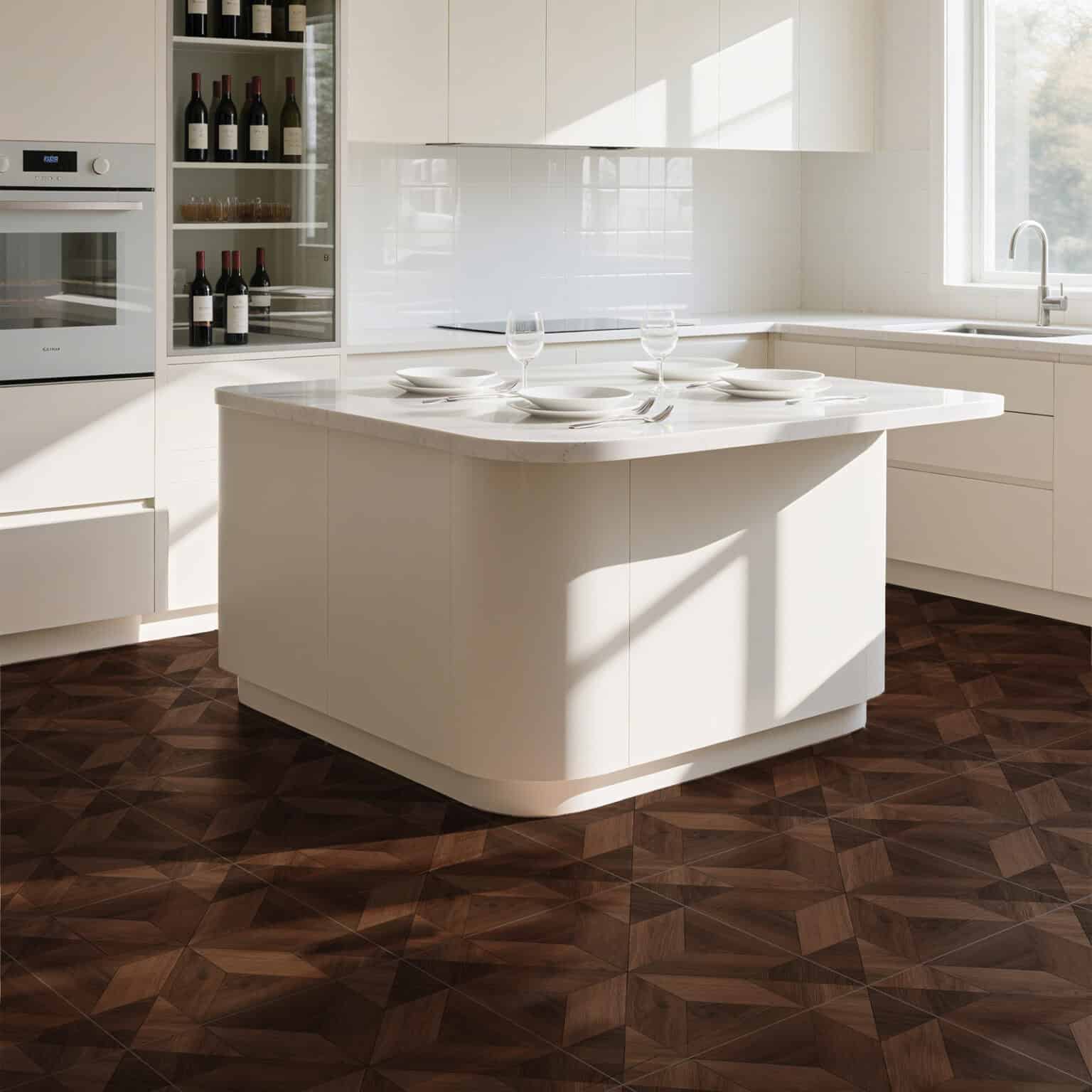 American Vintage Coffee Brown Wood Look Tile in a modern kitchen, creating a warm, heritage-inspired atmosphere with its rich coffee-brown tones. This 100% waterproof porcelain tile offers unmatched durability, resisting scratches and stains for a worry-free lifestyle.