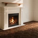 American Vintage Coffee Brown Wood Look Tile in a living room with a fireplace, showcasing its rich coffee-brown tones and authentic wood grain in a geometric pattern. This 100% waterproof porcelain tile is scratch and stain resistant, offering a warm, heritage-inspired, worry-free classic beauty.