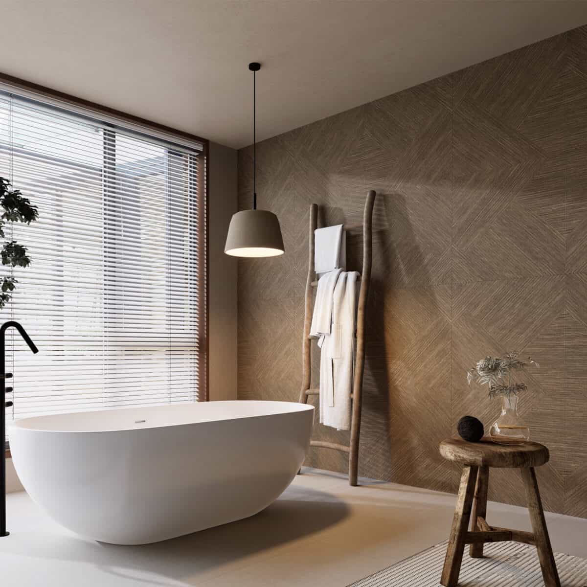 Art Deco Cocoa Brown Wood Look Tile on bathroom wall, creating a glamorous, timeless atmosphere. This 100% waterproof porcelain tile offers unmatched durability, resisting scratches and stains for a worry-free, elegant design.