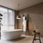 Art Deco Cocoa Brown Wood Look Tile on bathroom wall, creating a glamorous, timeless atmosphere. This 100% waterproof porcelain tile offers unmatched durability, resisting scratches and stains for a worry-free, elegant design.