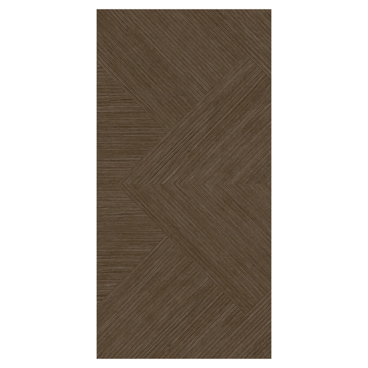 Close-up of a single Art Deco Cocoa Brown Wood Look Tile, highlighting its intricate pattern and rich cocoa-brown tones. This 100% waterproof porcelain tile offers unmatched durability and easy care for timeless glamour.