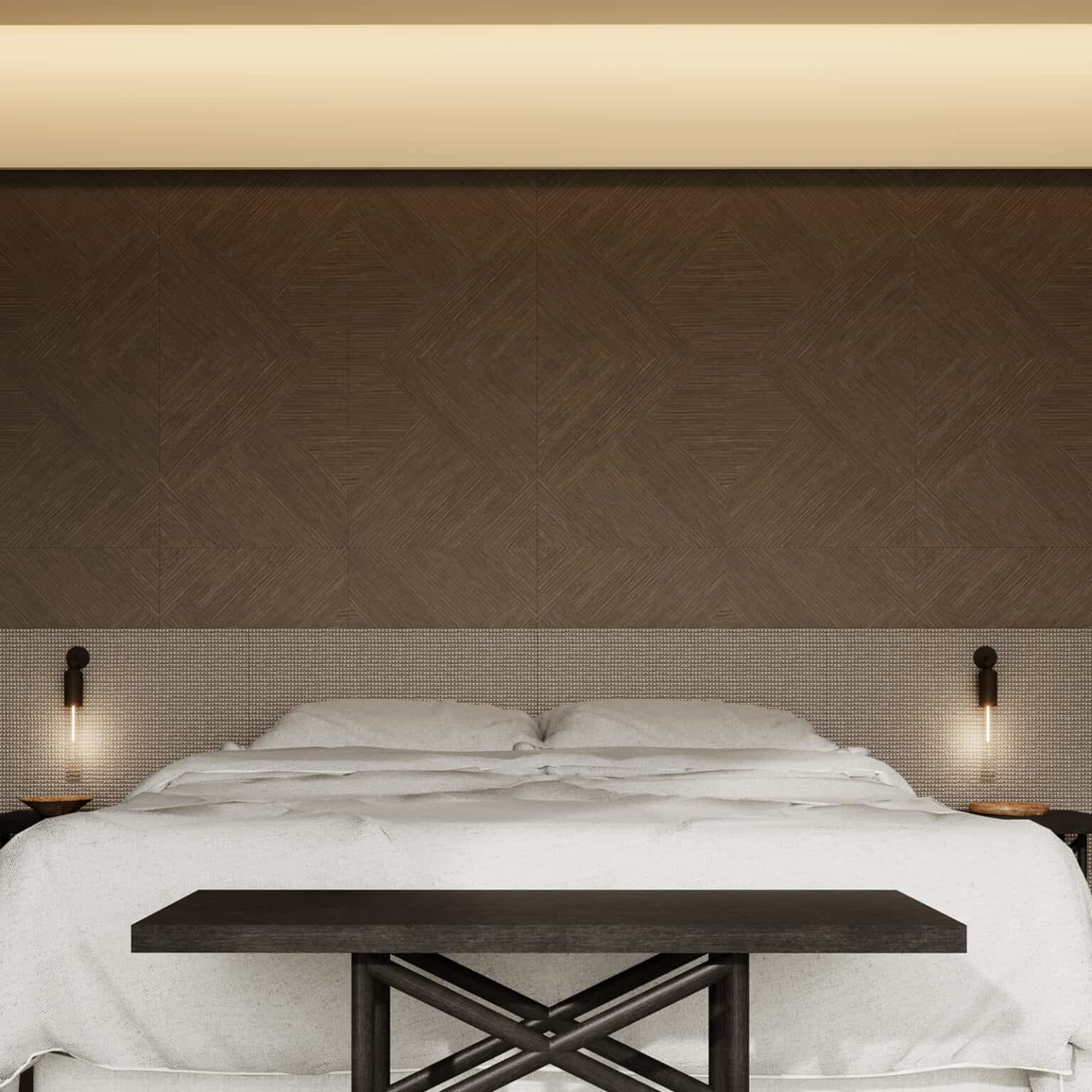 Art Deco Cocoa Brown Wood Look Tile on bedroom wall, creating a glamorous, timeless atmosphere. This 100% waterproof porcelain tile offers unmatched durability, resisting scratches and stains for a worry-free, elegant design.