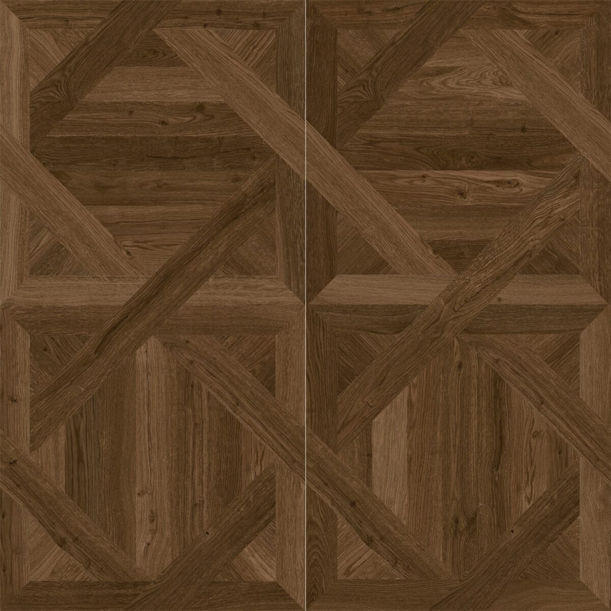 Close-up texture shot of Dynamic Geometric Teak Parquet Wood Look Tile, showcasing its intricate geometric parquet pattern in deep brown tones.