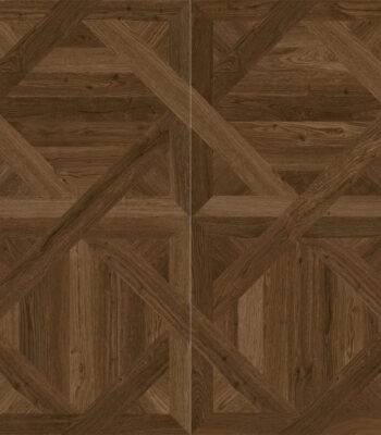 Close-up texture shot of Dynamic Geometric Teak Parquet Wood Look Tile, showcasing its intricate geometric parquet pattern in deep brown tones.
