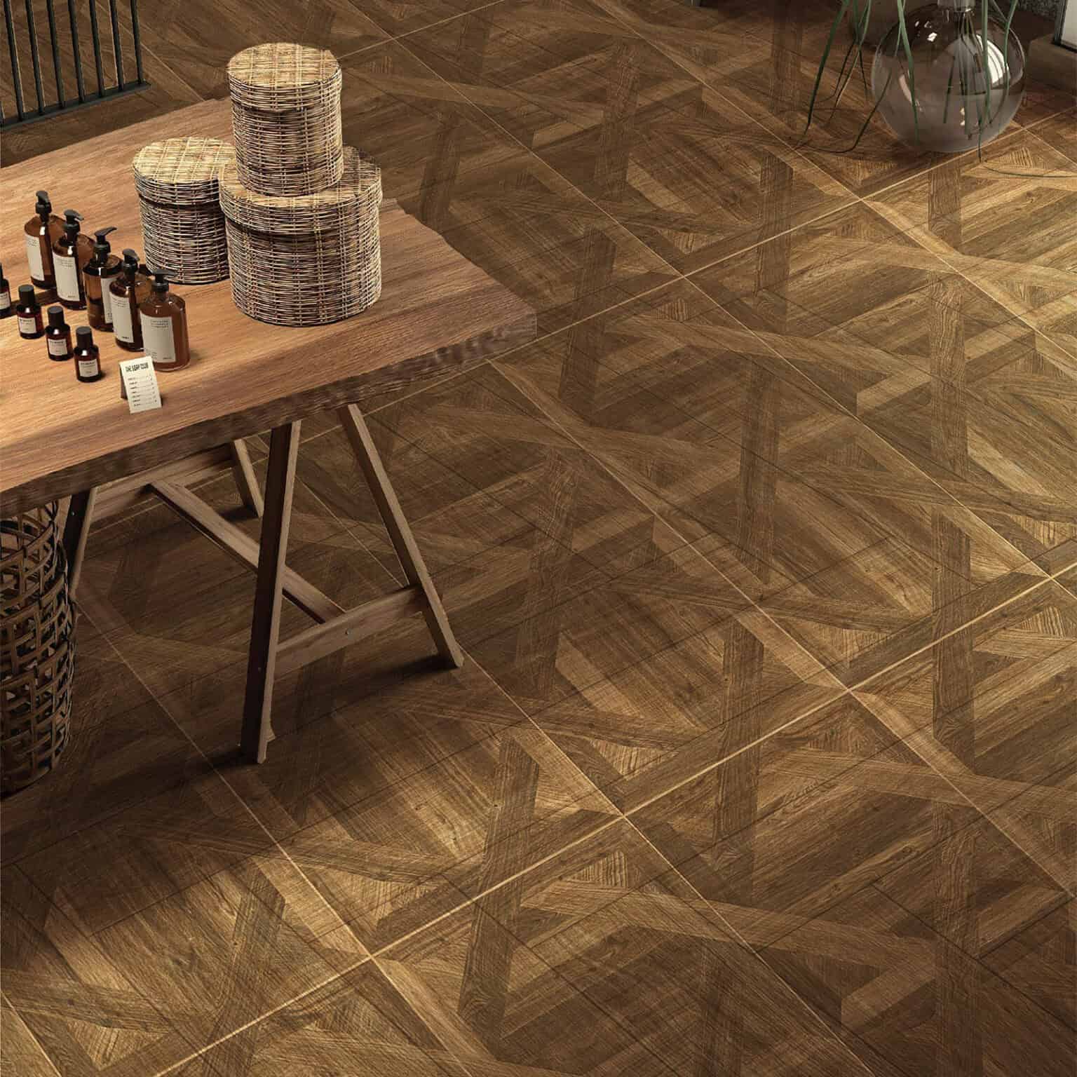 Classic Geometric Parquet Classic Teak Color Wood Look Tile on a kitchen floor, creating a luxurious, sophisticated atmosphere. This 100% waterproof porcelain tile offers unmatched durability, resisting scratches and stains for a worry-free, timeless design.