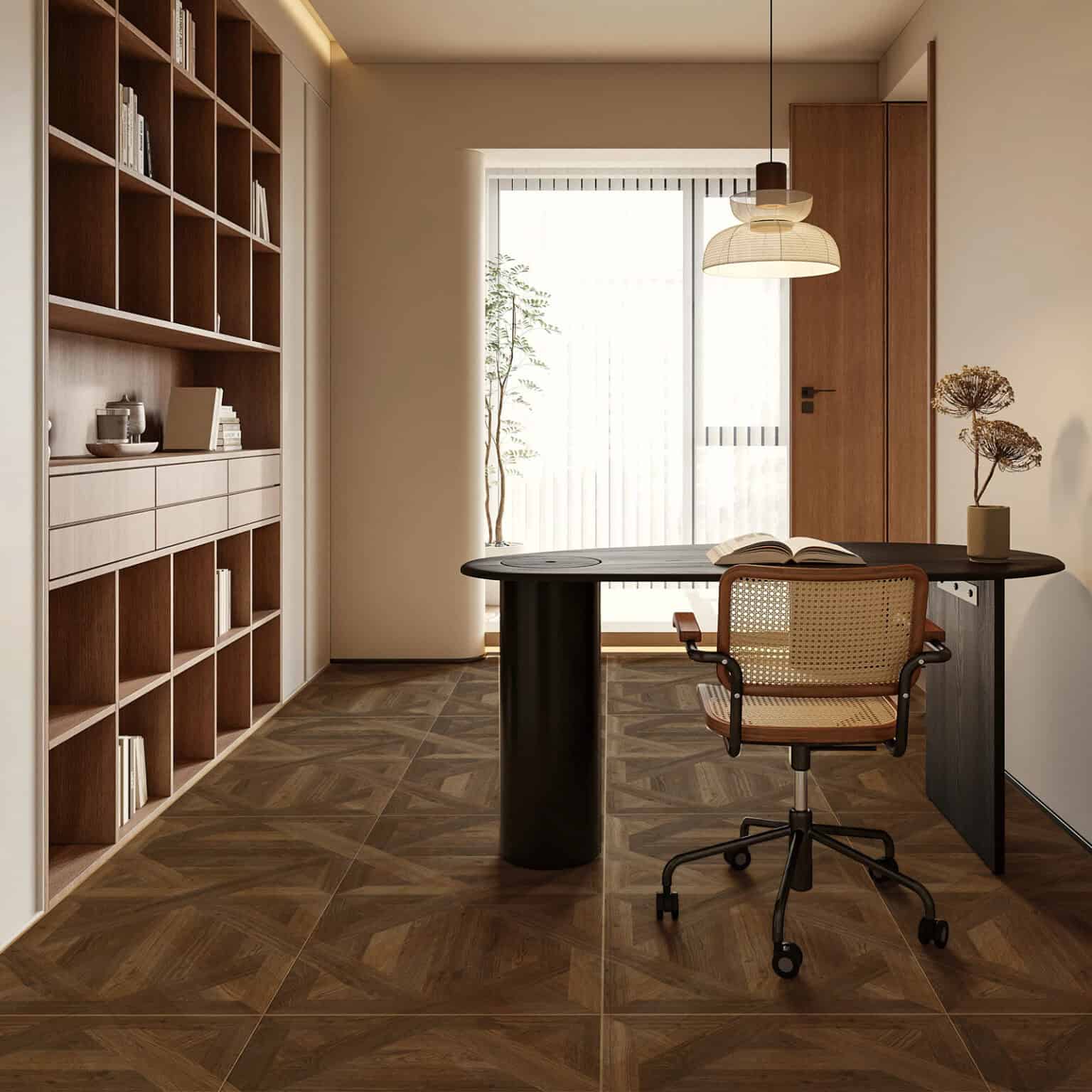A home office scene featuring Dynamic Geometric Teak Parquet Wood Look Tile, its warm tones blending perfectly with a modern desk and wooden bookshelf.