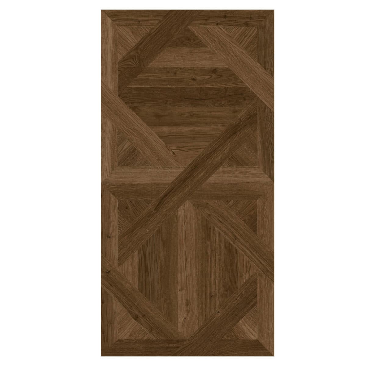 Product shot of a single Dynamic Geometric Teak Parquet Wood Look Tile against a white background, highlighting its unique geometric parquet pattern and rich color.