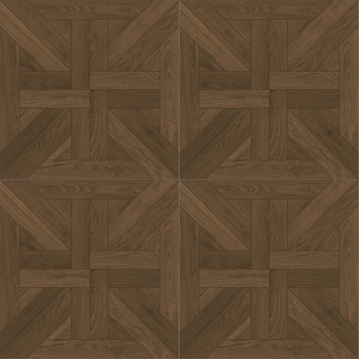 A full view of the Umber Tone Walnut Wood Look Tile, highlighting the intricate details of its classic parquet pattern and rich, deep brown walnut color.