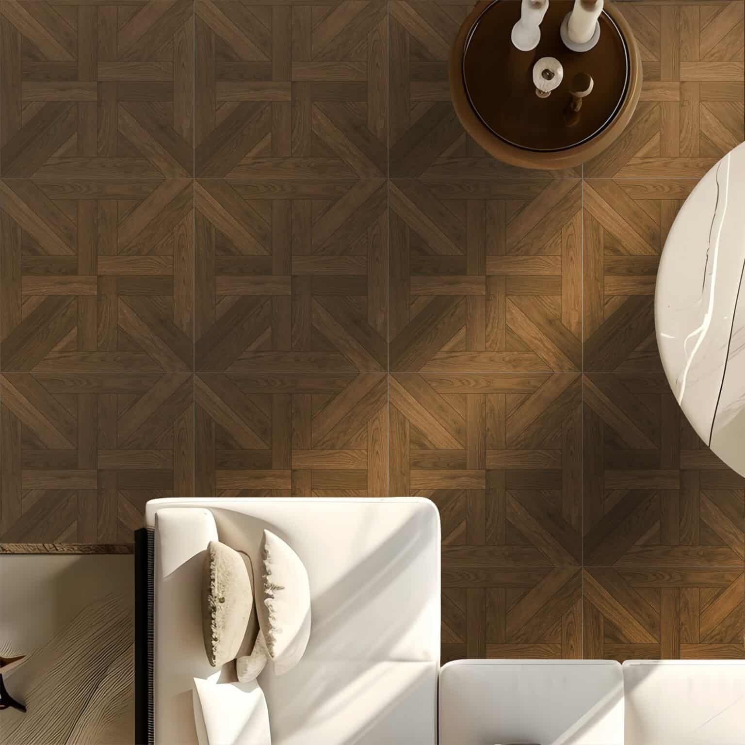 An overhead view of the Umber Tone Walnut Wood Look Tile in a stylish living room, complementing a white sofa and contemporary furniture.