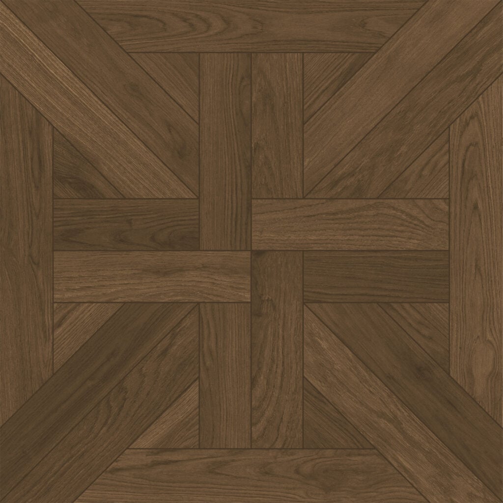 Close-up of a single French Elegance Dark Walnut Wood Look Tile, highlighting its unique parquet pattern and rich walnut grain. This 100% waterproof porcelain tile offers unmatched durability and easy care for timeless elegance.