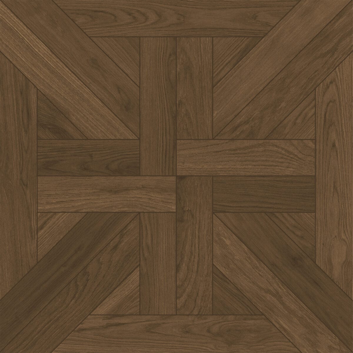 Close-up of a single French Elegance Dark Walnut Wood Look Tile, highlighting its unique parquet pattern and rich walnut grain. This 100% waterproof porcelain tile offers unmatched durability and easy care for timeless elegance.