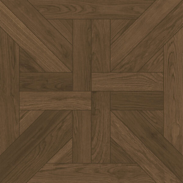 Close-up of a single French Elegance Dark Walnut Wood Look Tile, highlighting its unique parquet pattern and rich walnut grain. This 100% waterproof porcelain tile offers unmatched durability and easy care for timeless elegance.