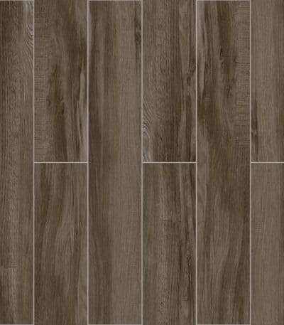Full view of Industrial Smoked Brown Wood Look Tile, showcasing its deep, smoked brown tones and authentic wood grain. This 100% waterproof porcelain tile offers unmatched durability, resisting scratches and stains for a bold, industrial chic design.