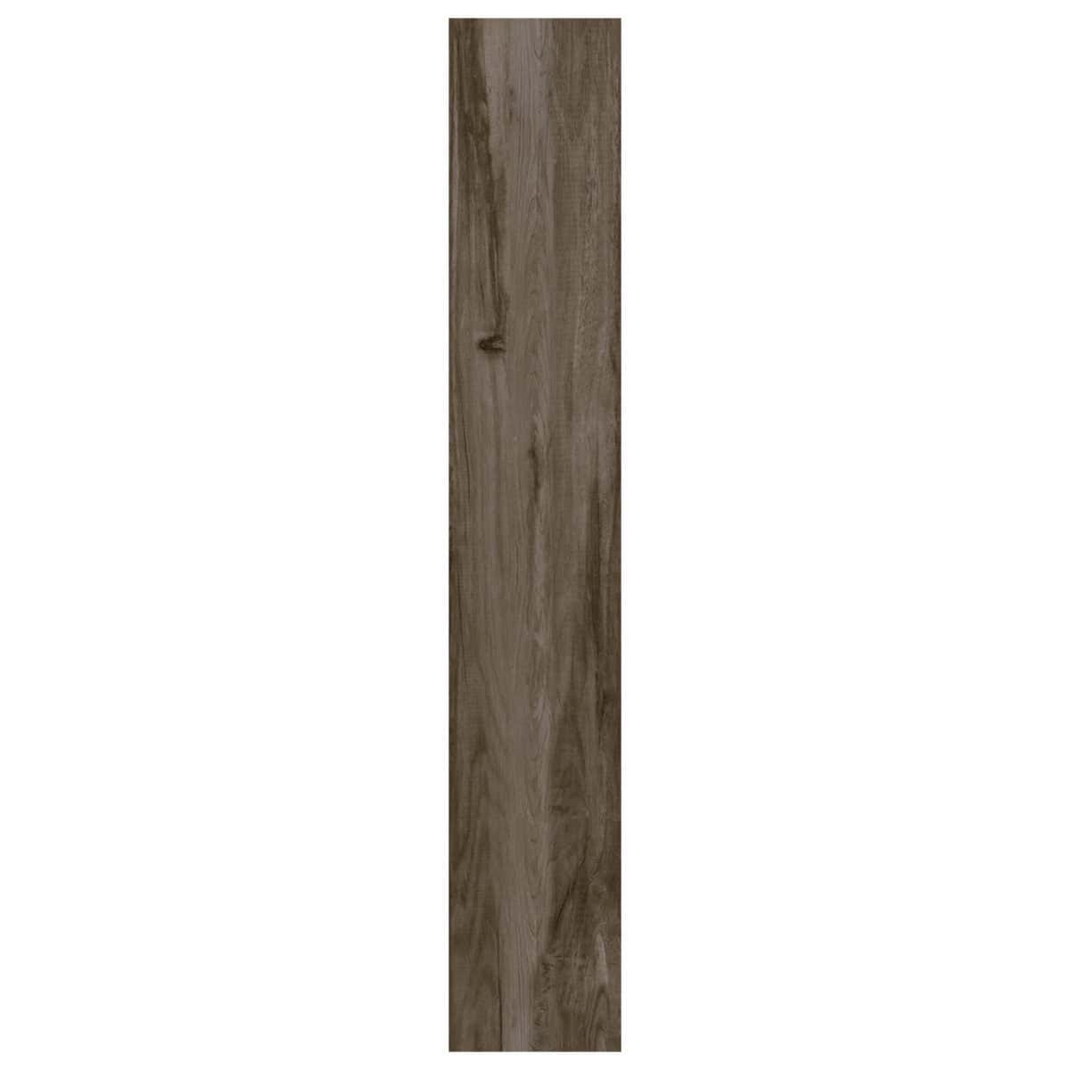 Close-up of a single Industrial Smoked Brown Wood Look Tile, highlighting its deep, smoked brown tones and authentic wood grain. This 100% waterproof porcelain tile offers unmatched durability and easy care for industrial chic style.