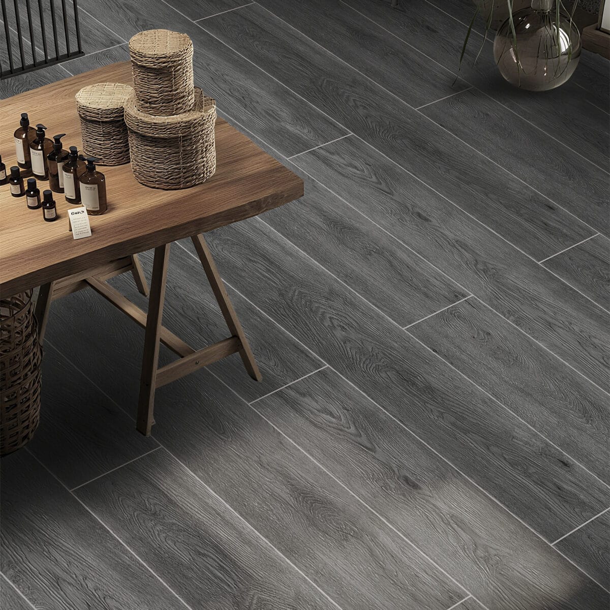 Timeless Classic Stormy Gray Wood Look Click Lock Vinyl Flooring SPC in a stylish living room, creating a space of enduring style with its versatile gray tones. This 100% waterproof, DIY-friendly SPC flooring resists scratches, stains, and dents, perfect for modern elegance.
